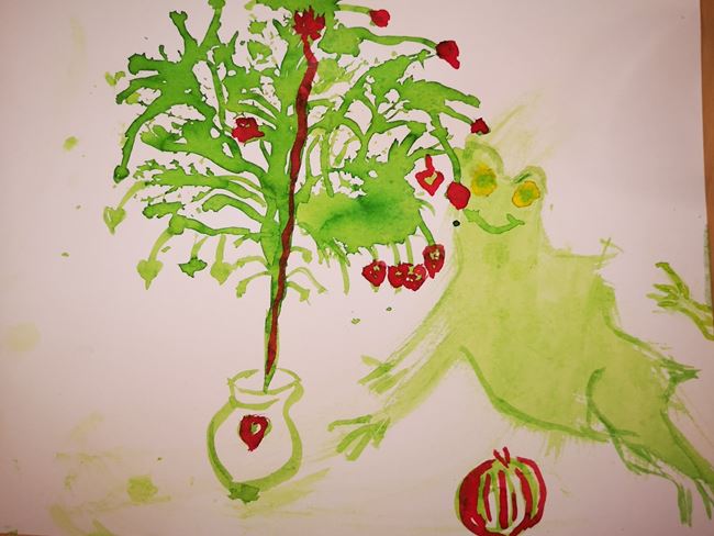 Färgteckning på ett träd, en groda och en frukt