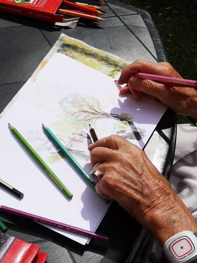 Äldre dam sitter utomhus och ritar en teckning av ett träd med pennor